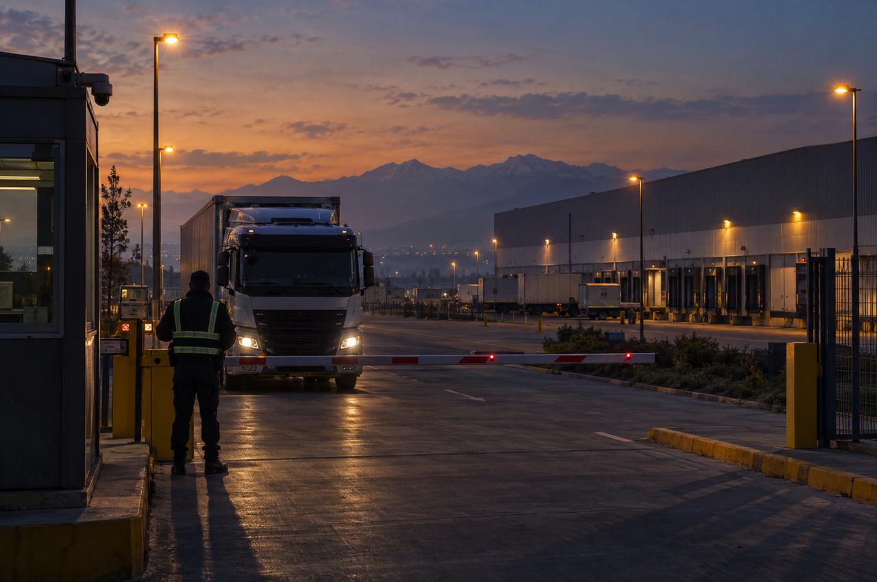 Guardia de seguridad controlando el ingreso de un camión en la barrera de un centro logístico al atardecer
