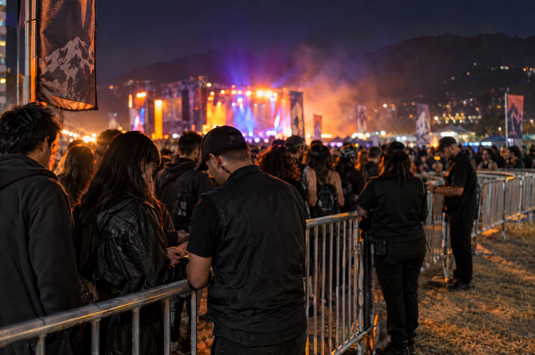 Personal de seguridad controlando el acceso de público en la entrada de un festival de música nocturno