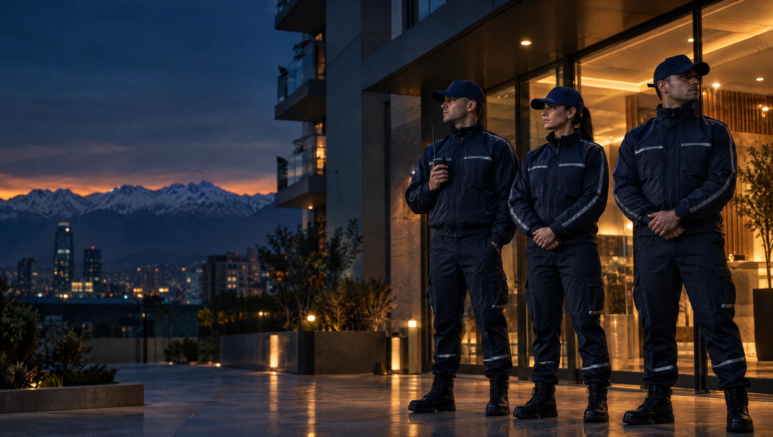 Guardias de seguridad uniformados en el acceso de un edificio residencial de Santiago al anochecer, con la cordillera de los Andes al fondo