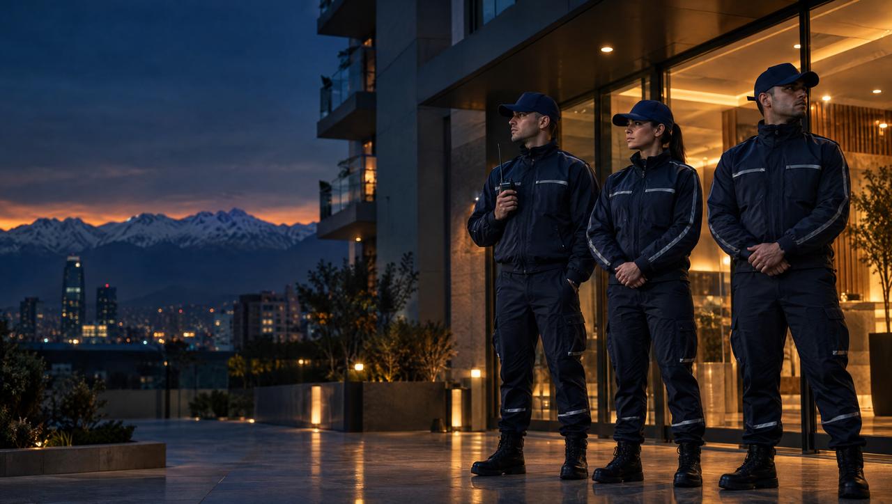 Guardias de seguridad uniformados en el acceso de un edificio residencial de Santiago al anochecer, con la cordillera de los Andes al fondo